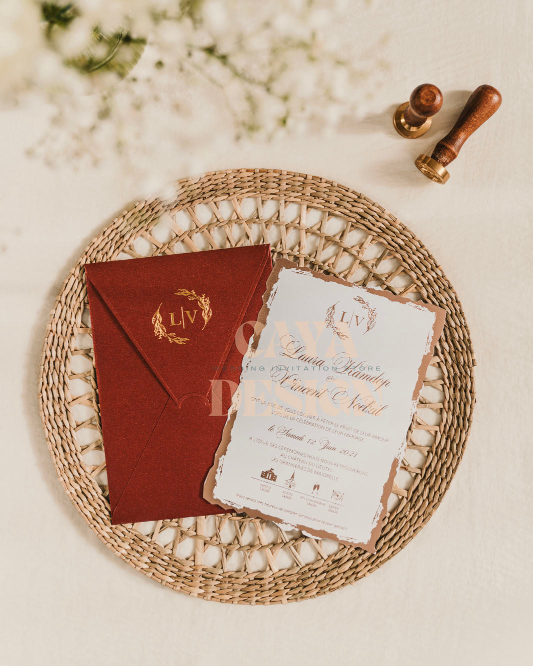 Red Paper Vertical Wedding Invitation with Paper Insert Card and Gold Foil and gold details at a wedding