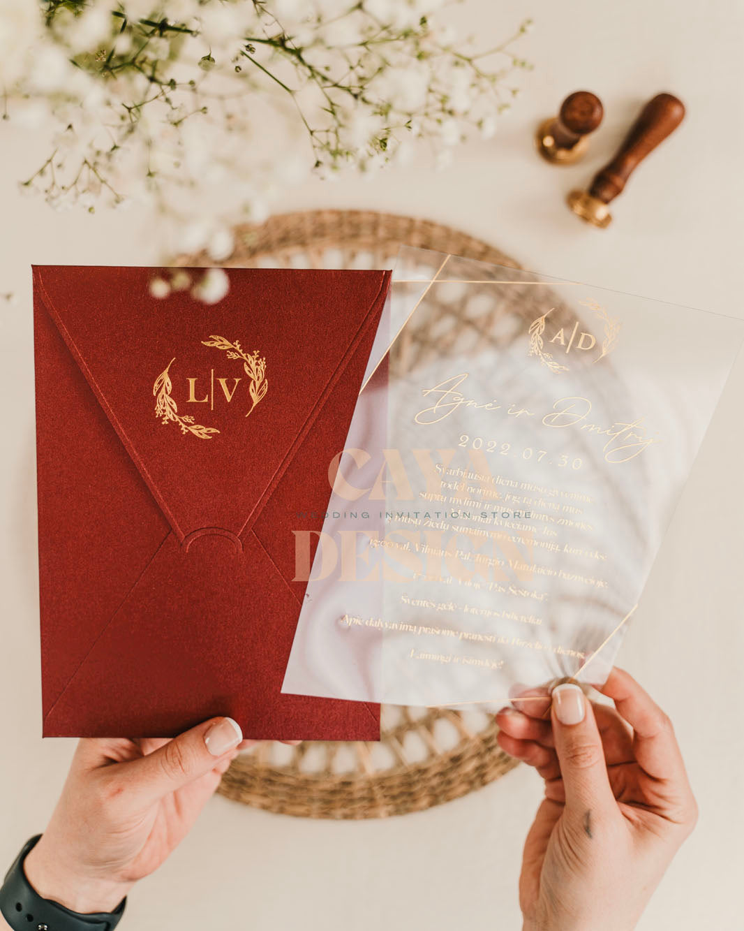 Elegant Red Paper Vertical Wedding Invitation with Acrylic Insert Card and Gold Foil details close-up