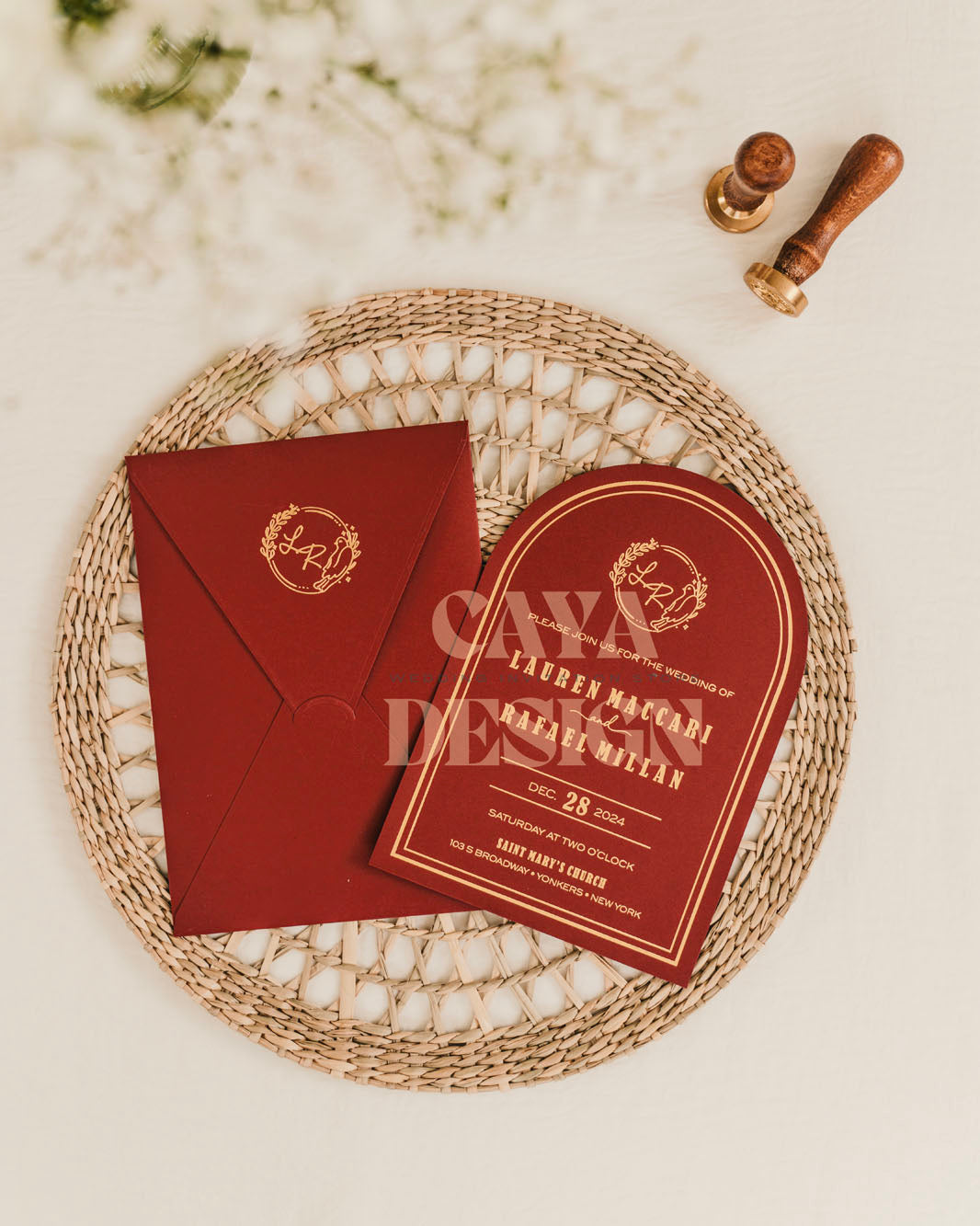 Red Paper Vertical Wedding Invitation with Paper Insert Card and Gold Foil at a wedding