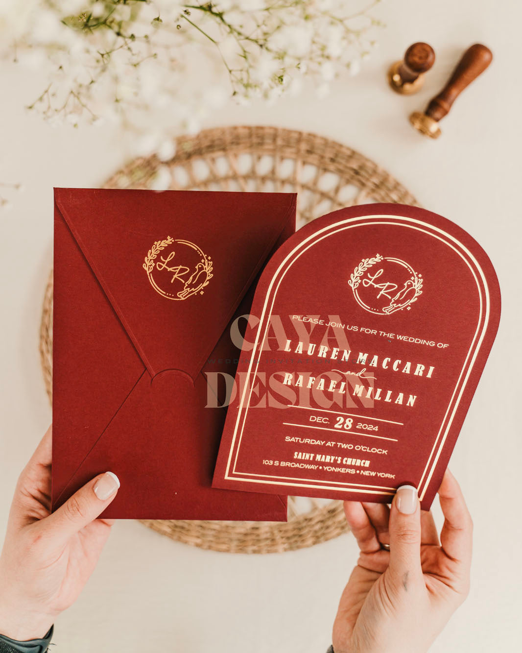 Red Paper Vertical Wedding Invitation with Paper Insert Card and Gold Foil with unique design details Front View