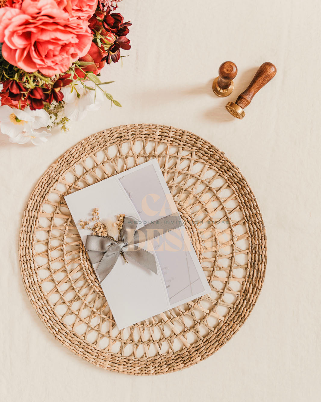 White Paper Half Fold Wedding Invitation with Acrylic Insert Card and Silver Foil with a Ribbon and dried flowers front view