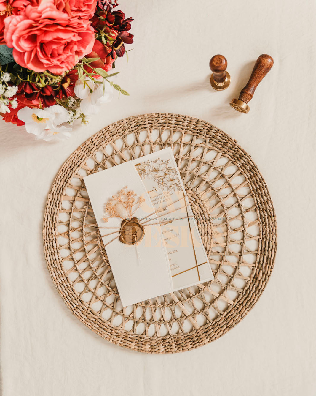 White Paper Half Fold Wedding Invitation with Acrylic Insert Card and Silver Foil with dried flowers and floral design front view